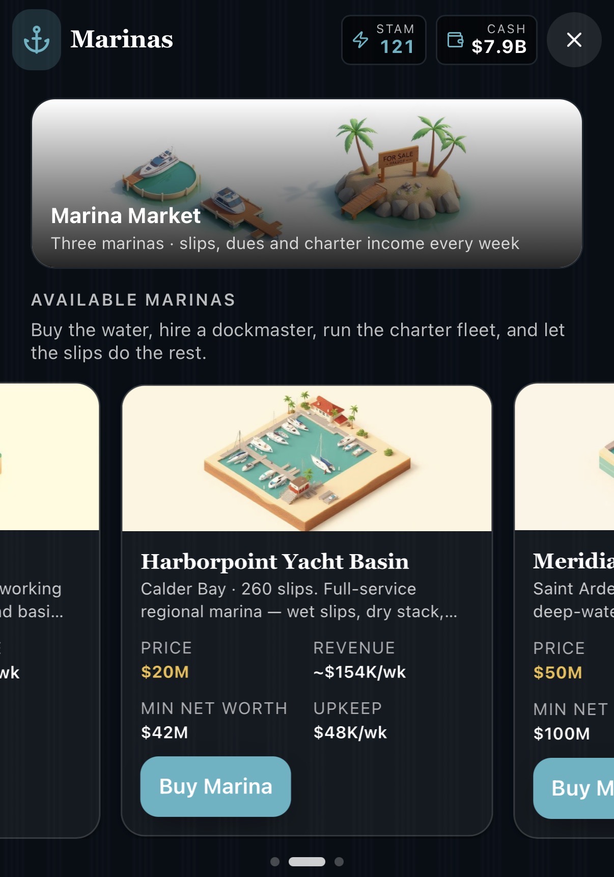 Underwritten gameplay: marina market with slips and charter income