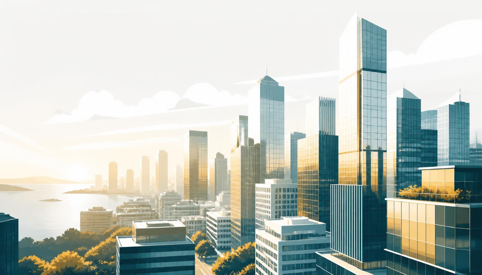 Illustrated city skyline of glass office towers at golden hour