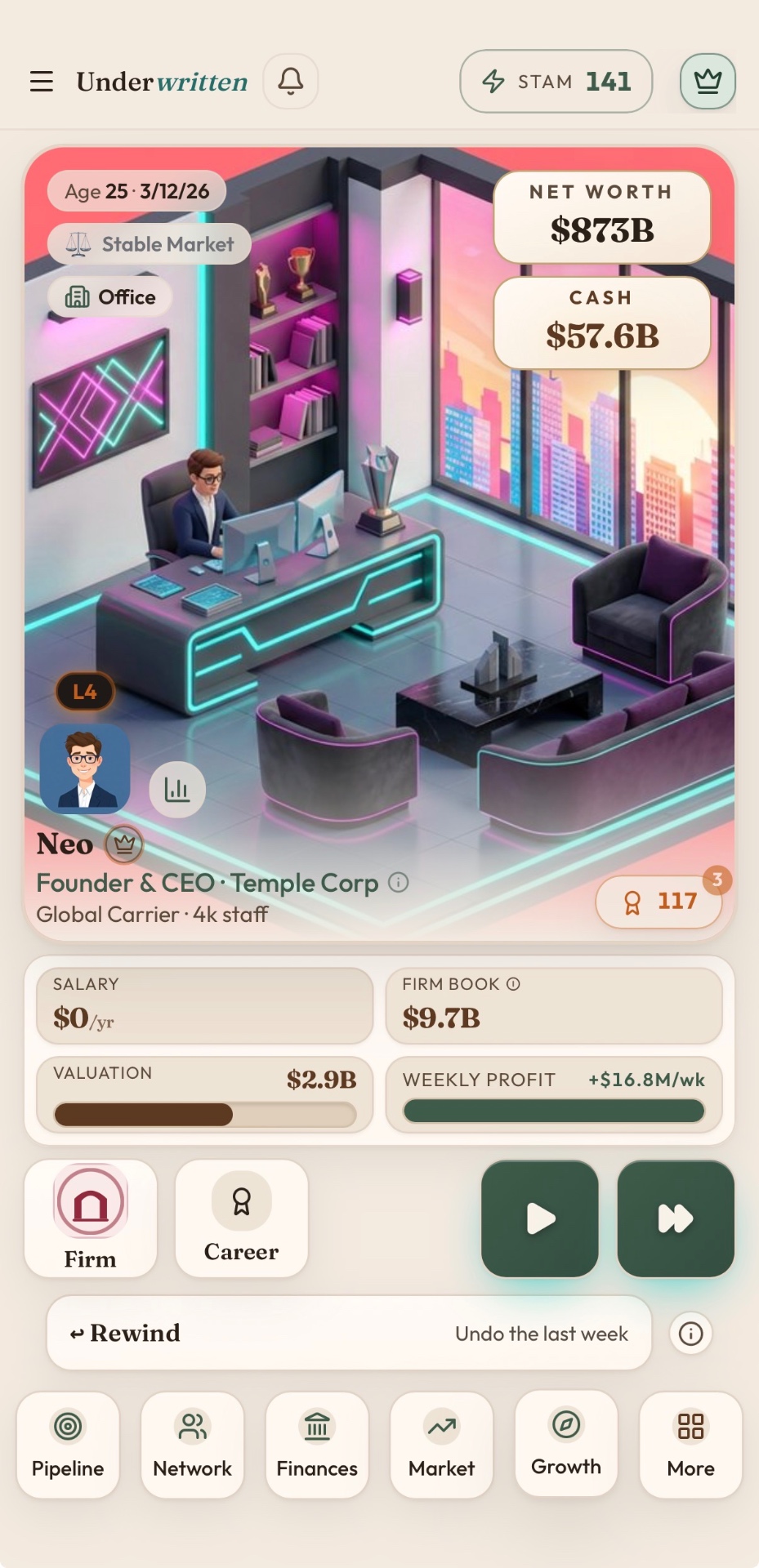 Underwritten gameplay: founder and CEO in a neon corner office with net worth, cash and firm stats